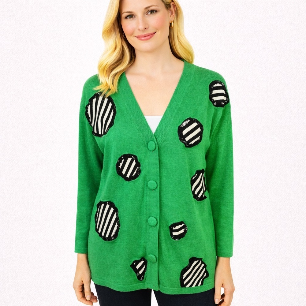 Vintage Anne Klein for Sadimara Green Button Cardigan Long Sequins Dots Size S